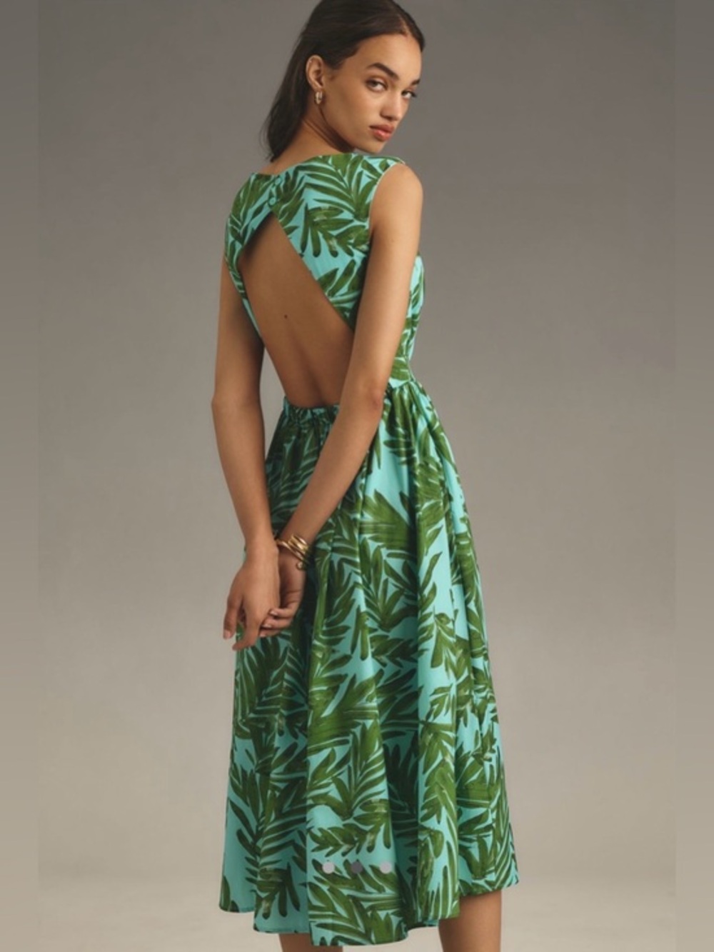 NWT Anthropologie Corey Lynn Calter Boat-Neck A-Line Midi Tropical Leaf Dress